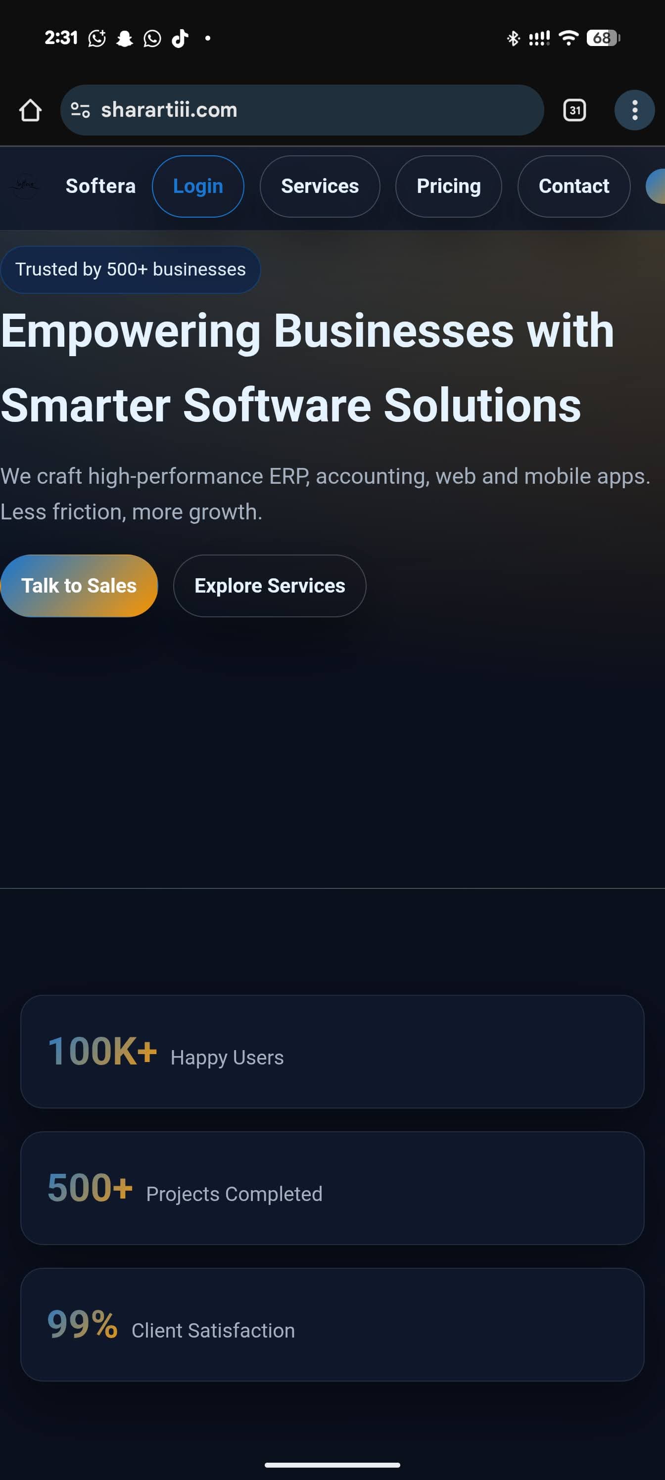 Softera website on a phone, with the Softera name and mark