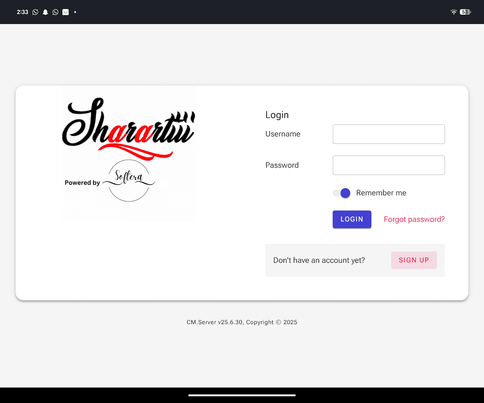 Softera-powered business software login with the Softera logo