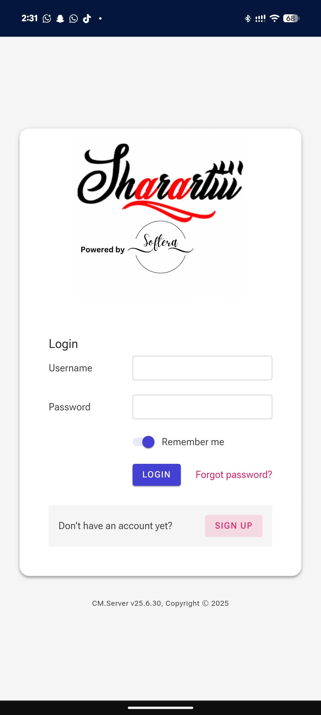 Softera mobile login screen with the Softera logo