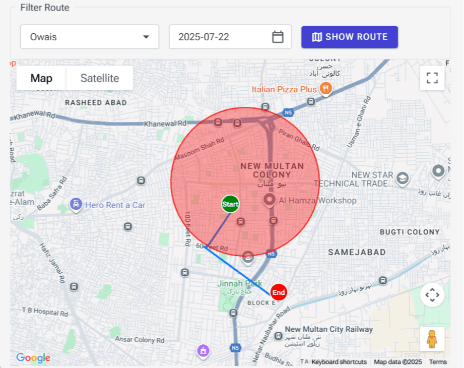 Route tracking map with start and end points and date filter