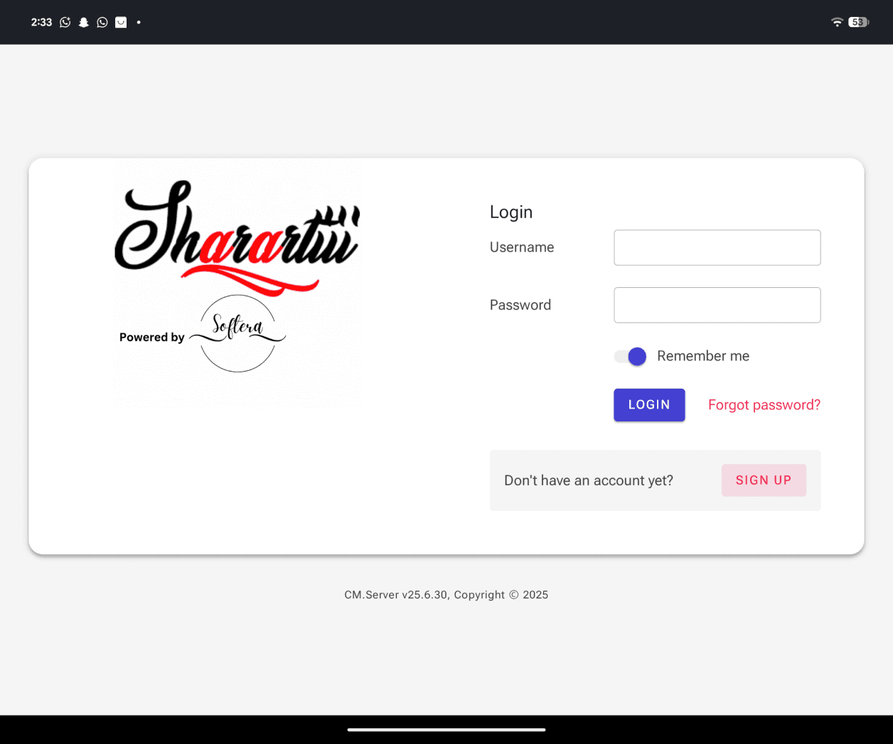 Softera web application login with Powered by Softera branding